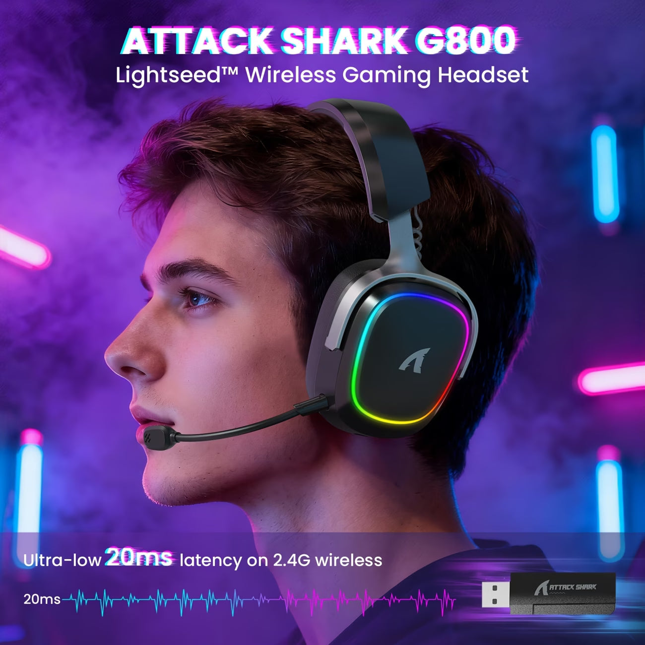 Attack Shark G800 אוזניות גיימינג אלחוטיות עם RGB