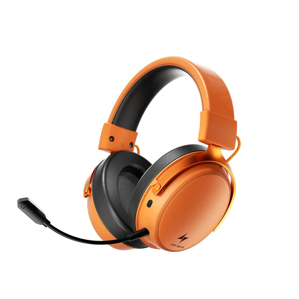 Orange gaming headset with a microphone on a white background