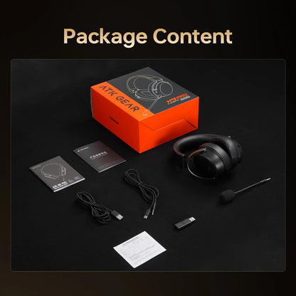 Package content of ATK Gear gaming headset with accessories on a dark background