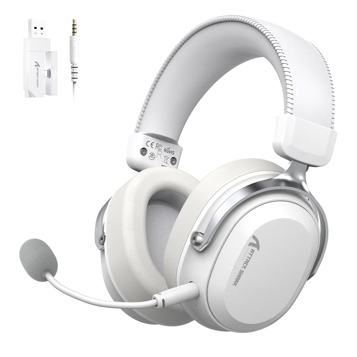 White gaming headset with microphone and USB adapter on a white background