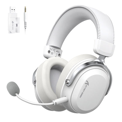 White gaming headset with microphone and USB adapter on a white background