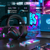 Headphones with electronic devices on a dark surface, featuring 'Tri-Mode Connection' text.