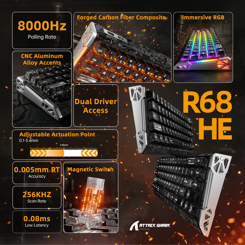ATTACK SHARK R68 HE מקלדת גיימינג מגנטית Rapid Trigger מסיבי פחמן