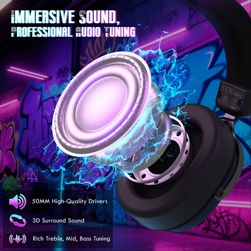 Headphones with a focus on audio driver and vibrant background