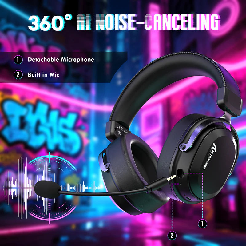Black gaming headset with detachable microphone on a colorful background with text '360° AI Noise-Canceling'.