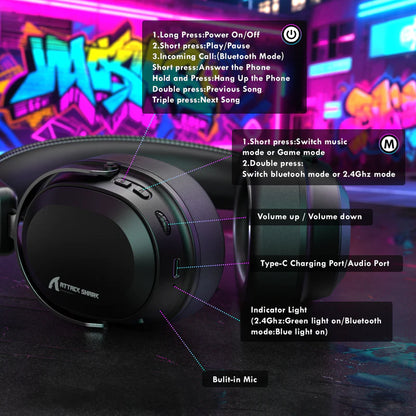 Black gaming headset with control buttons and indicator lights on a colorful graffiti background