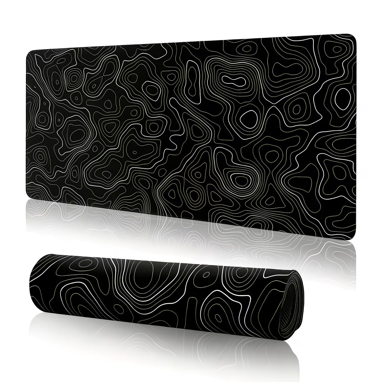 Black and white patterned desk mat with a rolled-up version on a white background