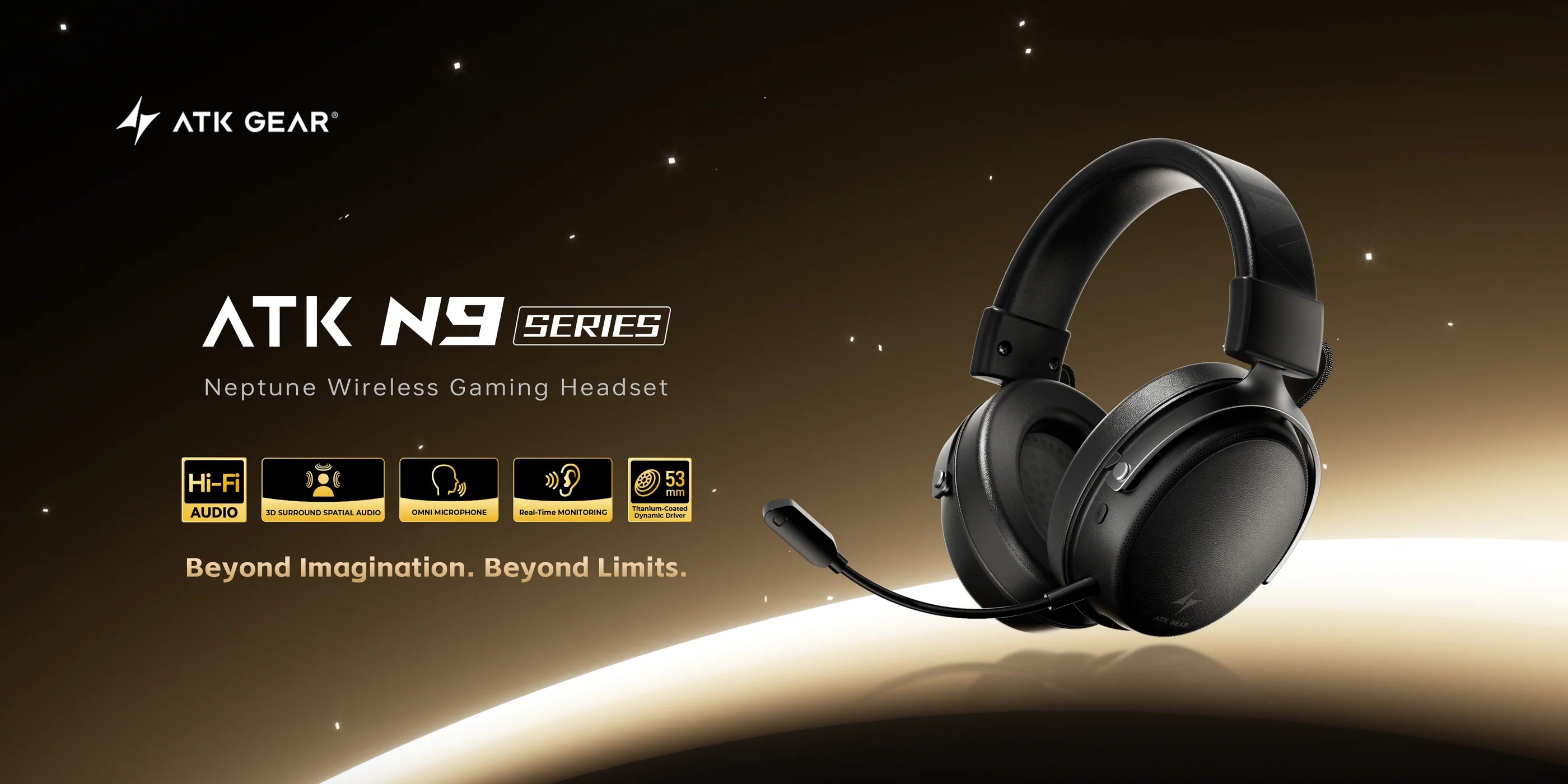 Neptune Wireless Gaming Headset from ATK Gear on a dark background with brand logo and product features.