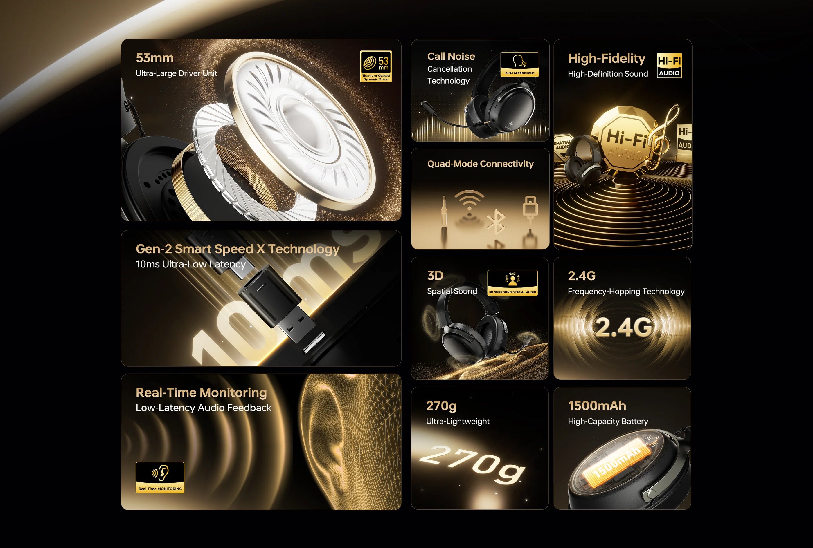 Product features with text and images on a black background