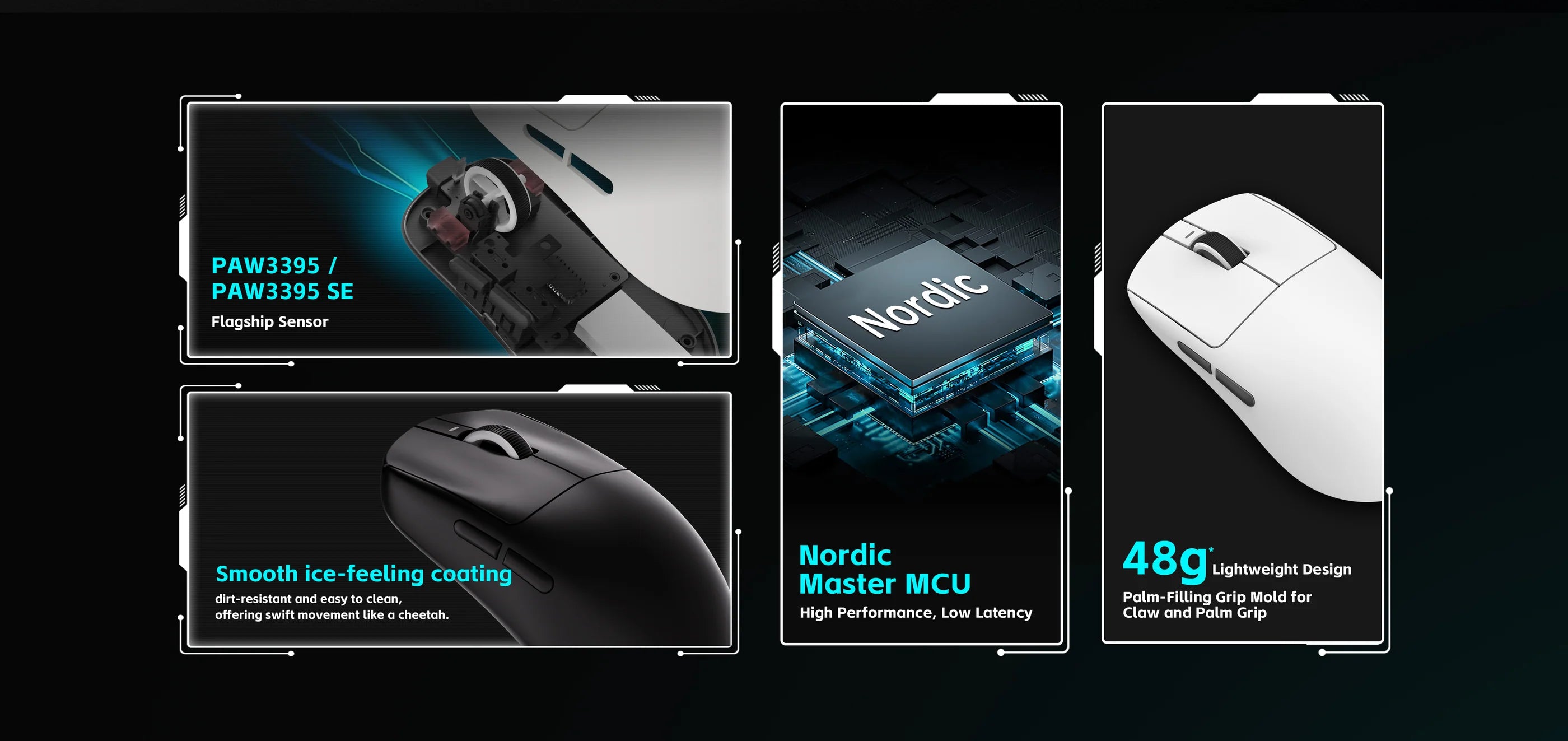 Product display of a mouse with features highlighted on a dark background