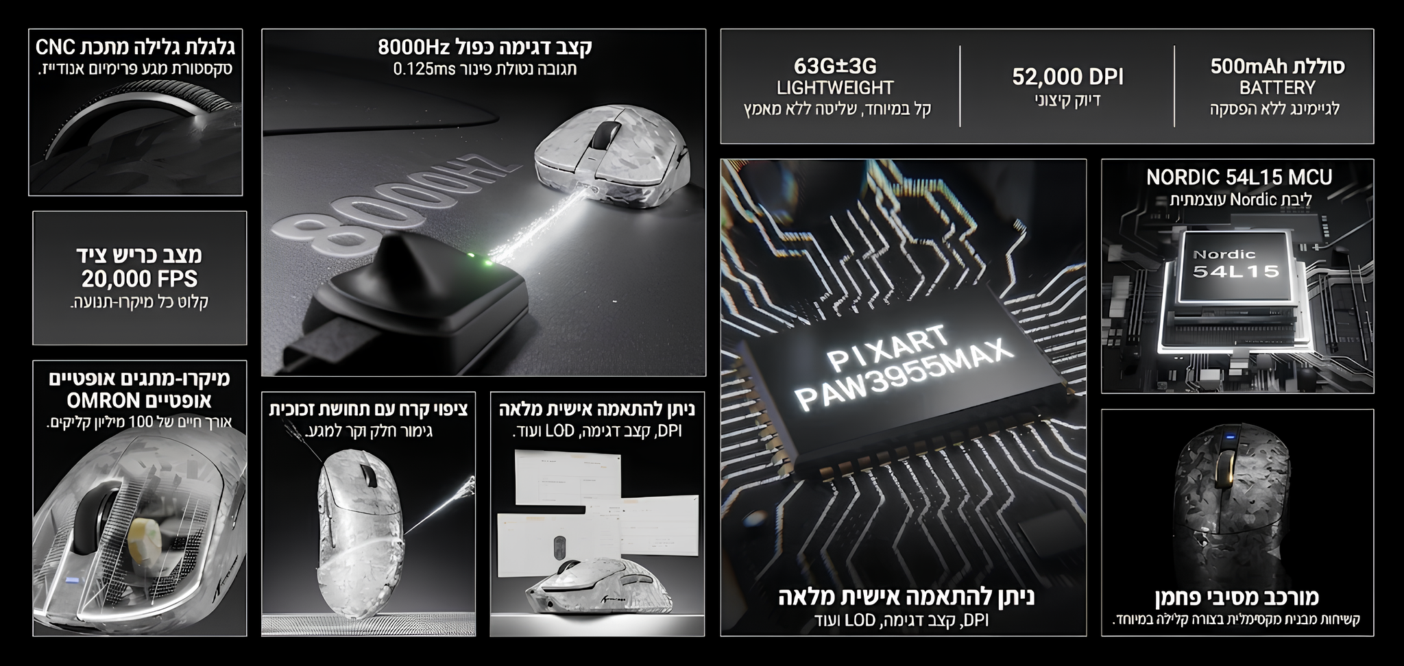 ATTACK SHARK RS3 ULTRA – עכבר גיימינג אלחוטי מסיבי פחמן 8K