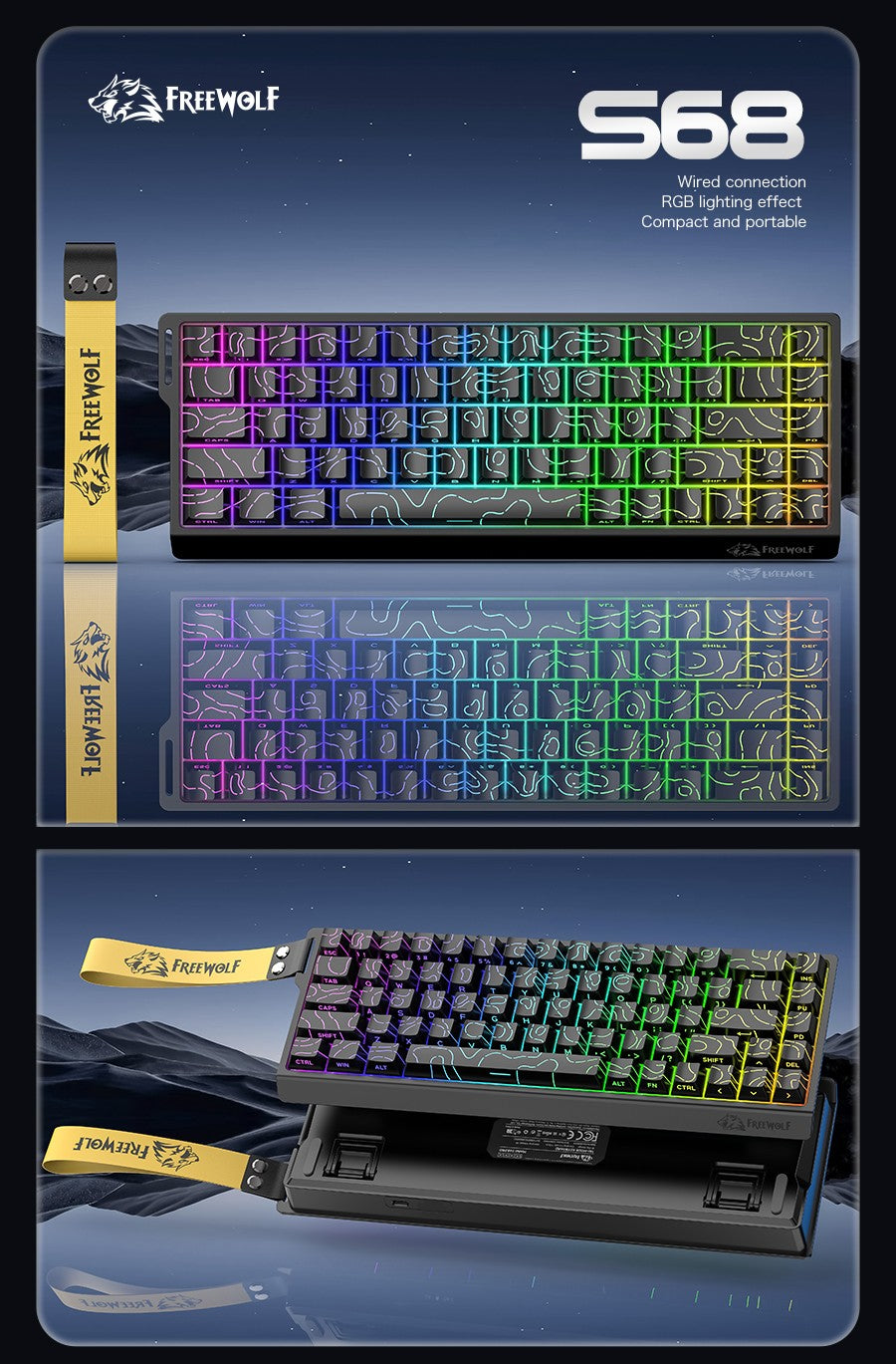 Free Wolf S68 – מקלדת גיימינג קומפקטית RGB 68 מקשים